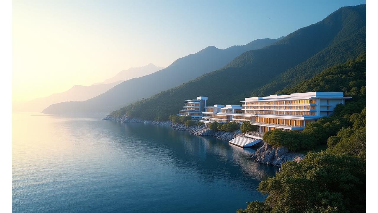 동해쇼어즈 리조트 전경. 푸른 동해 바다와 어우러진 현대적인 건축물, 주변에는 설악산의 웅장한 봉우리가 보인다.