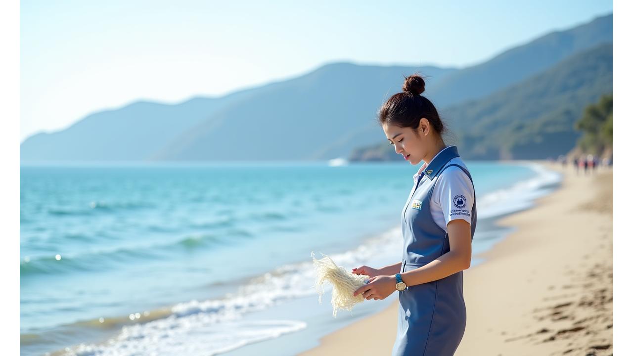 동해쇼어즈 리조트 직원이 해변에서 쓰레기를 줍는 모습