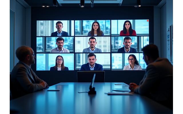 첨단 화상회의 장비가 설치된 회의실에서 국제 회의가 진행되는 모습