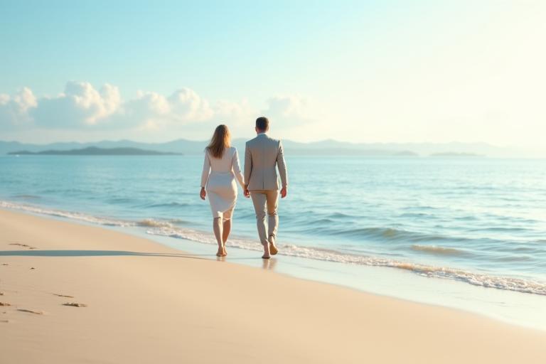 해변을 따라 산책하며 워킹 미팅을 하는 비즈니스맨들