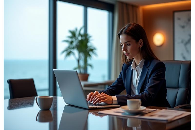 고급스러운 회의실에서 노트북과 서류를 가지고 업무를 보는 비즈니스맨.