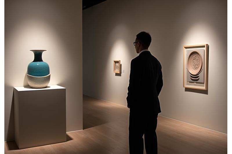 개인 투어로 비공개 갤러리에서 예술 작품을 감상하는 VIP 고객의 뒷모습.