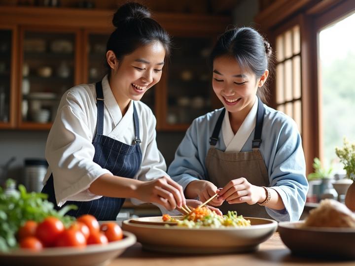 전통 한복을 입은 관광객이 할머니와 함께 강원도 향토 요리를 만드는 모습