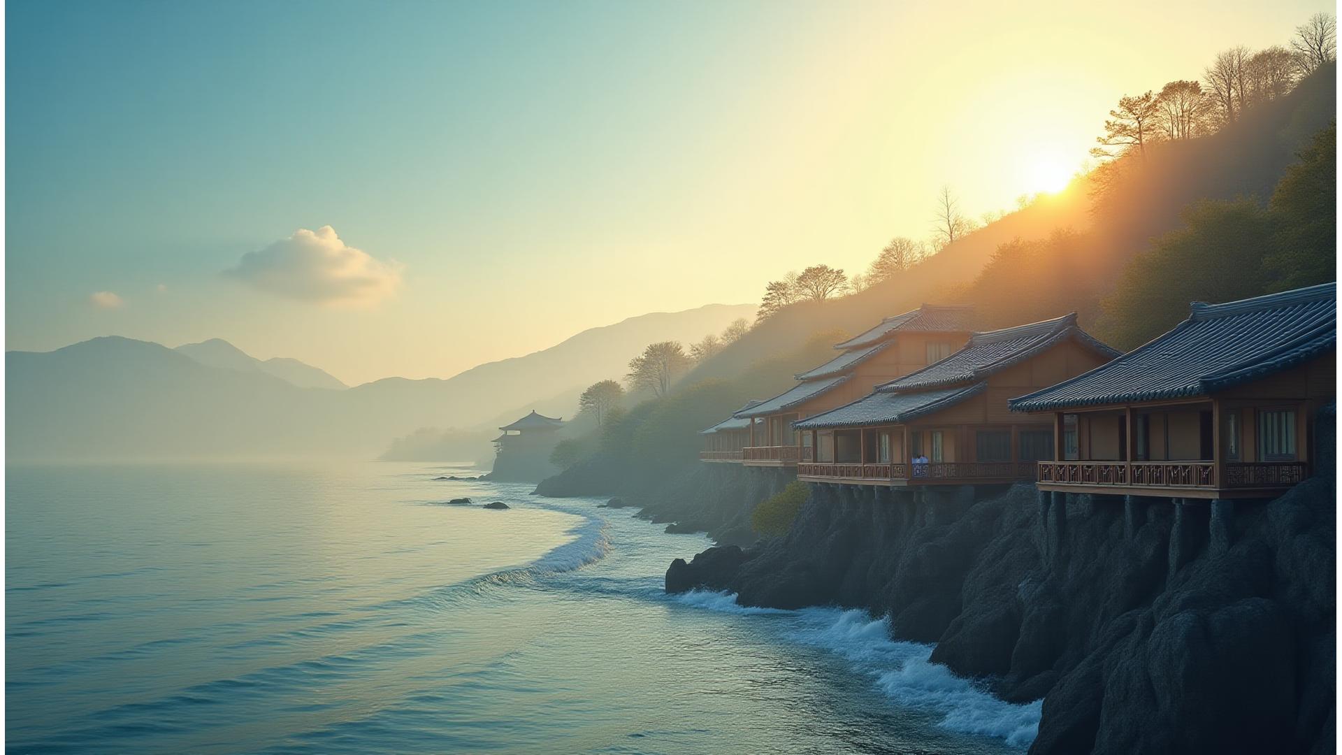 강원도 전통 한옥 마을과 푸른 바다의 조화로운 풍경
