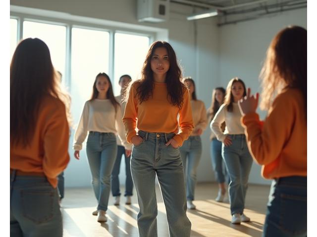 전문 댄서와 함께 K-팝 댄스 동작을 배우는 참가자들