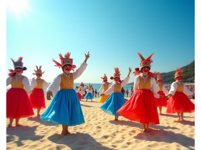 여름 해변에서 펼쳐지는 역동적인 민속 공연