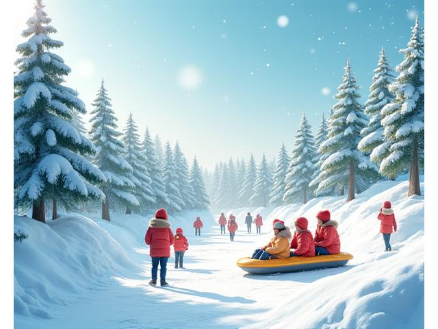 하얀 눈꽃이 핀 겨울 산에서 썰매를 타는 아이들