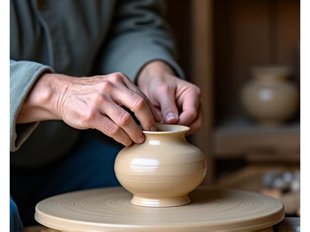 현지 도예가와 함께 전통 도자기를 빚는 모습