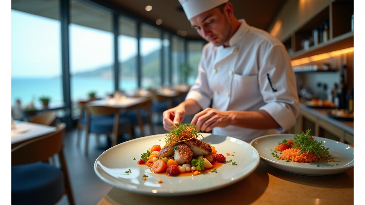 오픈 키친에서 요리하는 셰프의 활기찬 모습과 신선한 식재료, 모던한 레스토랑의 전경