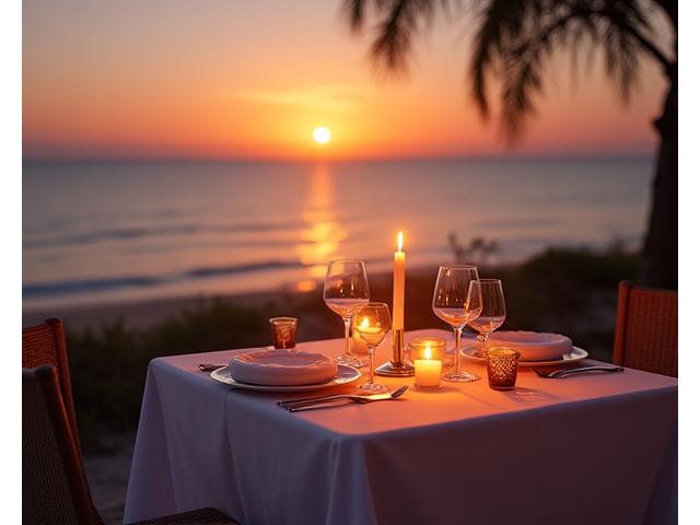 해변가에서 캔들라이트 디너를 즐기는 커플의 로맨틱한 뒷모습