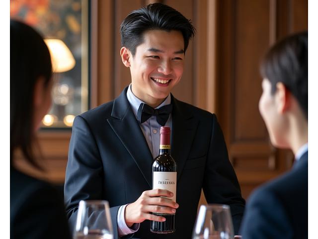 전문 소믈리에가 와인병을 들고 메뉴와 페어링 설명하는 모습