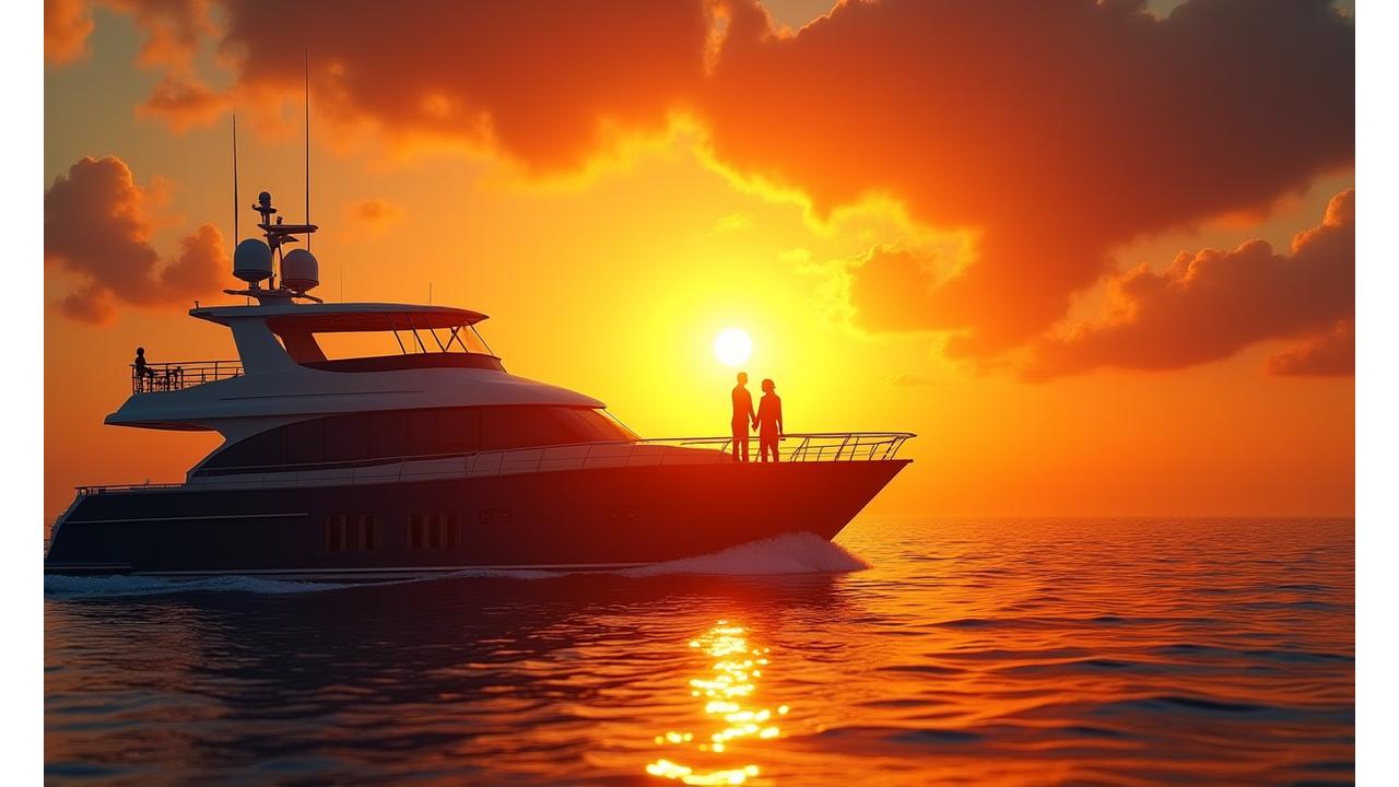 요트 위에서 동해의 아름다운 일몰을 감상하는 로맨틱 커플