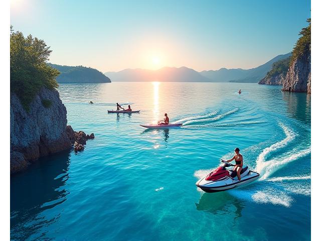 동해 바다에서 카약타는 사람들, SUP 요가, 윈드서핑 제트스키