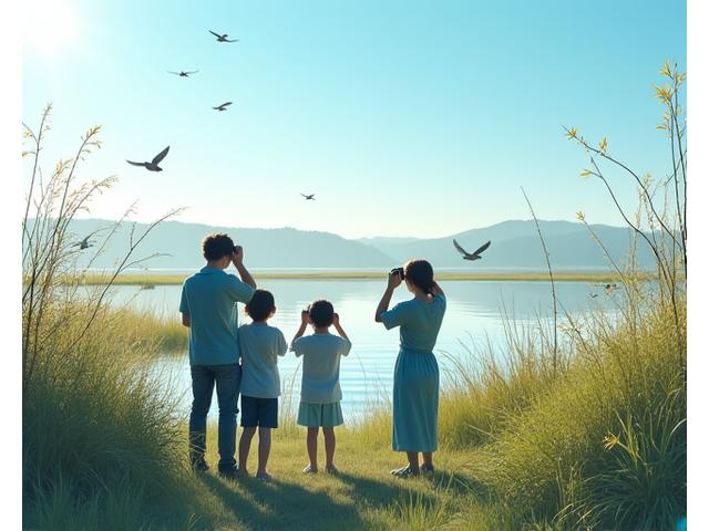 생태 해설사와 함께 망원경으로 새를 관찰하는 참가자들