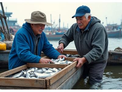 활기찬 어항에서 어획물을 정리하는 어민들